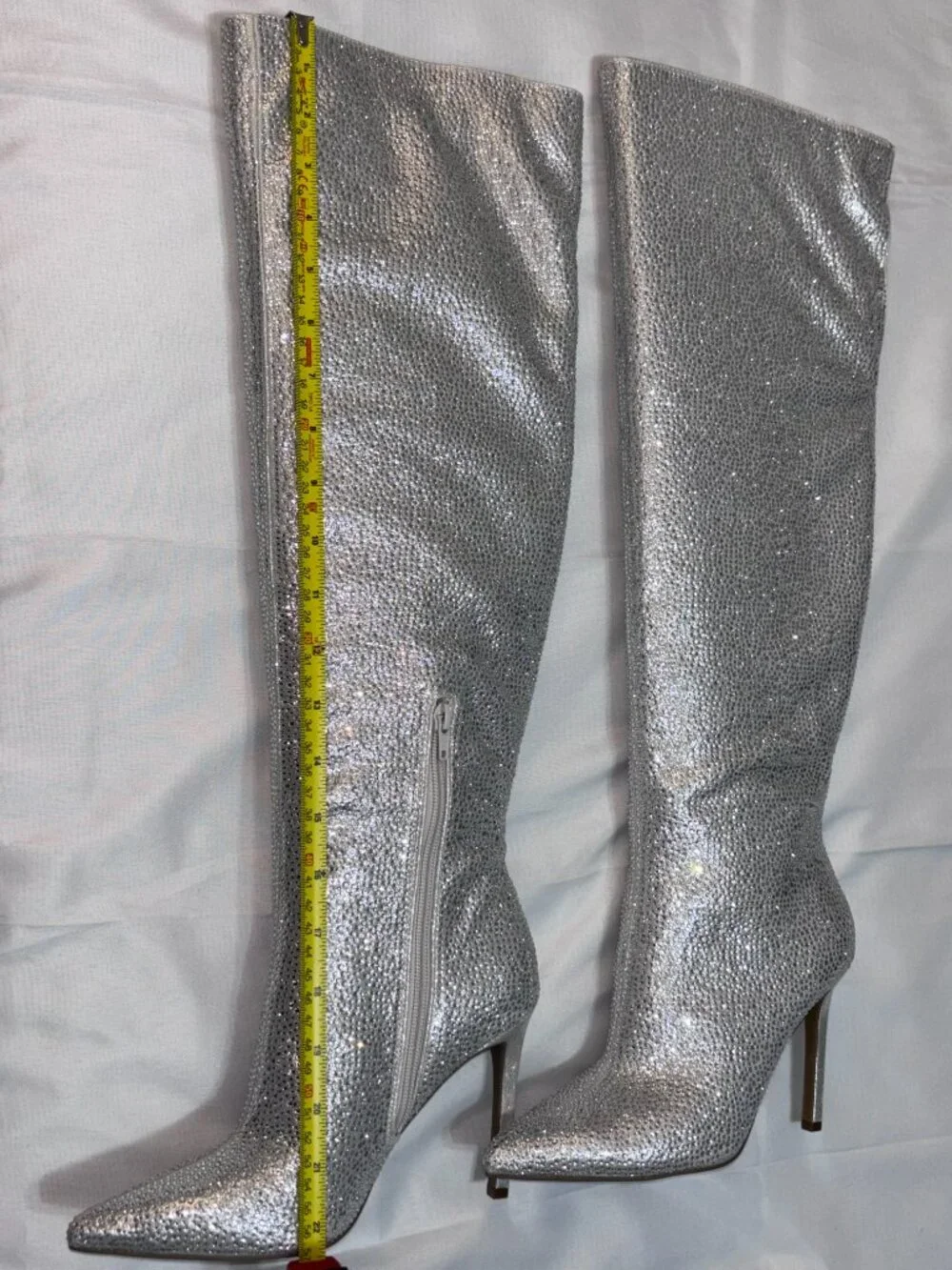 NIB INC Saveria Silver Rhinestone Bling Knee-High Stiletto Boots Women’s 6.5M